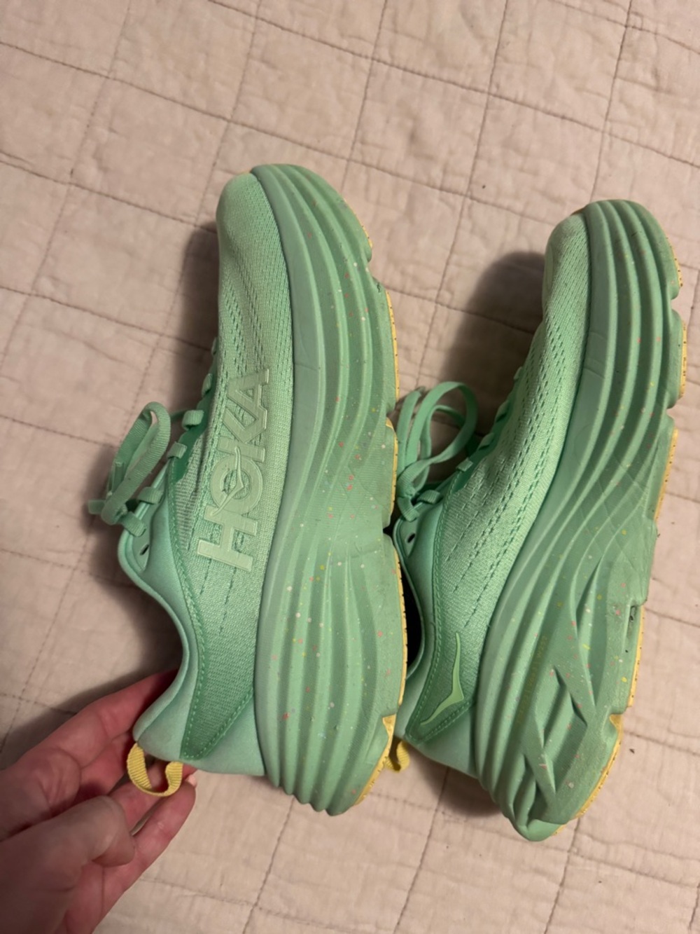 Hoka Bondi Mint Green Sneakers with Yellow Bottoms
